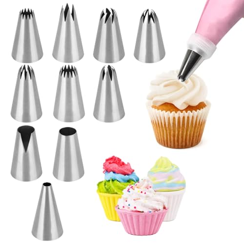DORKIN Bocchette decorative per pasticceria, set da 10 grandi bocchette per pasticceria, bocchette riutilizzabili in acciaio inossidabile, ideali per torte e muffin