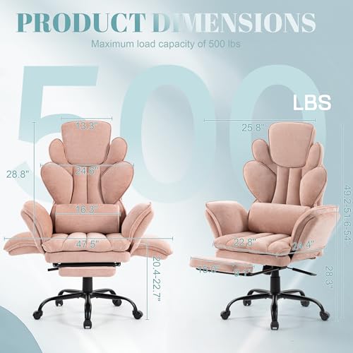 Image of Flip Armrests Criss Cross Office Chair, Reclining Office Chair with Foot Rest, Adjustable Headrest, Massage Waist Pillow, Cross Legged Big and Tall Desk Chair Wide Seat Vanity Chair, Pink Fabric