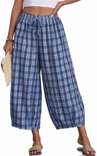 Image of TARSE Women's Plaid Cotton Linen Wide Leg Pants with Pockets