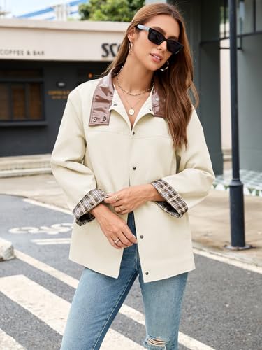 Womens Casual Button Down Jacket Stand Collar Work Office Trench Coat Outwear with Checkered Lining2
