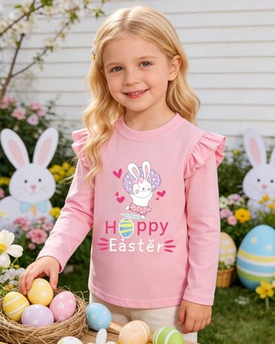 Image of Tkria Toddler Girls Happy Easter T-Shirt Bunny Eggs Ruffle Long Sleeve Shirt Kids Tee Top 2-7T