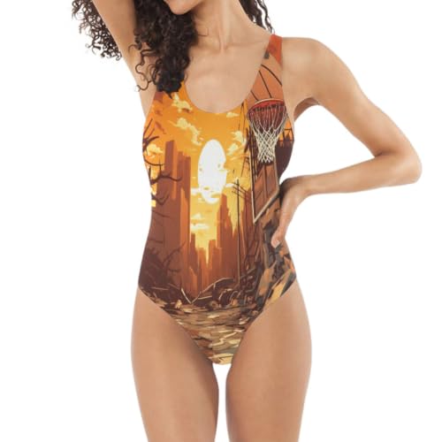Maillot de bain 1 pièce basket-ball orange gainant et extensible pour le beach-volley