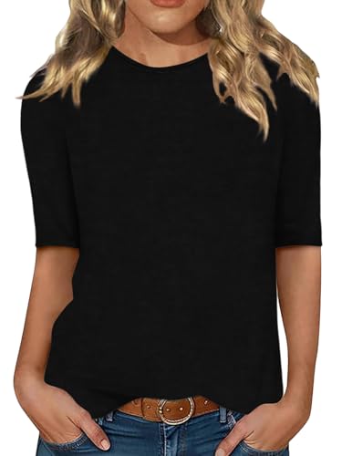 Minetom Damen Halbarm T-Shirt Rundhals Sommer Tshirt Leichte Einfarbig Oberteil Basic Tops A Schwarz XL
