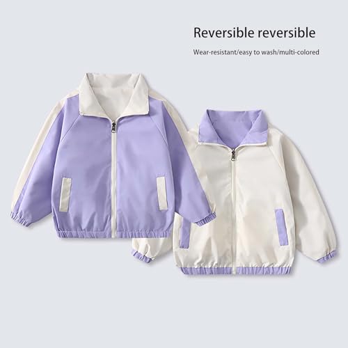 Baby Girls Reversible Jacket Lapel Zip 𝗖olor Block Windproof Outerwear Lightweight Raincoat with Pocket2