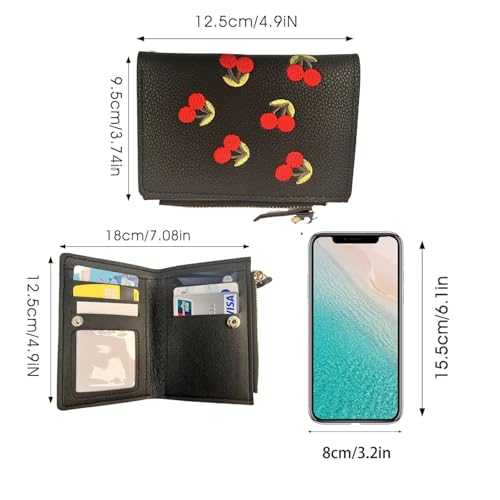 Small Wallet Women I Cherry Wallet I Women'sCute Embroidered Short Wallet I Women and Girls Daily Life Fashionable Versatile Pu Leather Zipper Wallet I Cherry Print Ladies Mini Purse (Black)2
