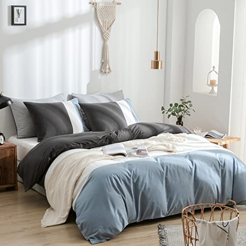 Warmdern Grey Blue Duvet Cover Set King Size Cotton Modern Patchwork Bedding Set 3 Piece Ultra Soft Solid Color Comforter Cover With Zipper Closure & Corner Ties 2 Pillowcase(Grey King) #TOP1
