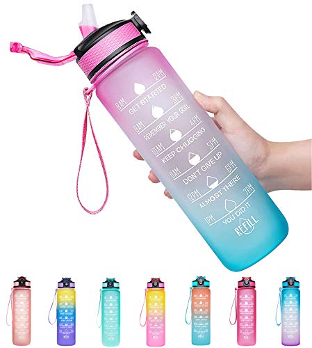 #LightningDeal Giotto 32oz Leakproof BPA Free Drinking Water Bottle with Time Marker & Straw to Ensure You Drink Enough Water Throughout The Day for Fitness and Outdoor Enthusiasts