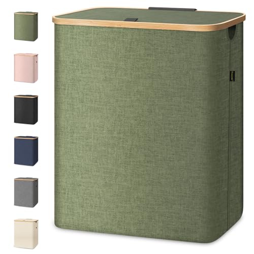 Image of BALEINE Laundry Hamper with Lid, Tall Laundry Baskets with Bamboo Pull Handles, Large Laundry Bin with Internal Support (36 Gal/140L, Green)