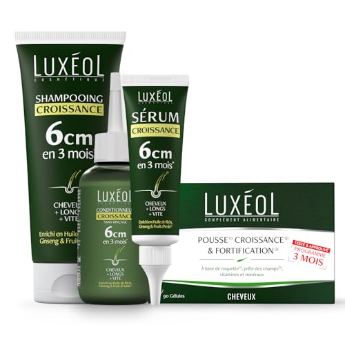 LUXEOL - Routine Croissance, 6cm en 3 Mois(1) - Shampooing 200 ml + Sérum 50 ml + Conditionneur Sans Rinçage 150 ml + Complément Alimentaire Pousse, Croissance & Fortification (3 Mois, 90 Gélules)