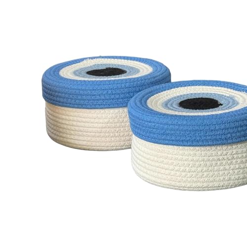 Image of Round Cotton Rope Evil Eye Storage Basket with Lid, Decorative Woven Storage Bin, Pot, Caddy, Organizer, Container for Snacks, Plants, 8x8x5 Inches Multicolor