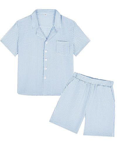 Image of Boys Summer Textured Outfit Beach Short Sleeve Button Down Shirts and Shorts 2 Piece Vacation Clothing Set for Kids