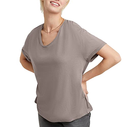 Hanes Camiseta de manga corta con cuello en V para mujer Originals con borde crudo, 100% algodón, Moka helado, XX-Large