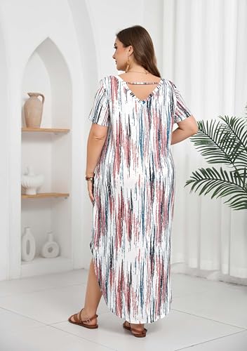 Image of Women's Plus Size Maxi Dresses V Neck Casual Short Sleeve Loose Pocket Slits Long Dress XL-5XL