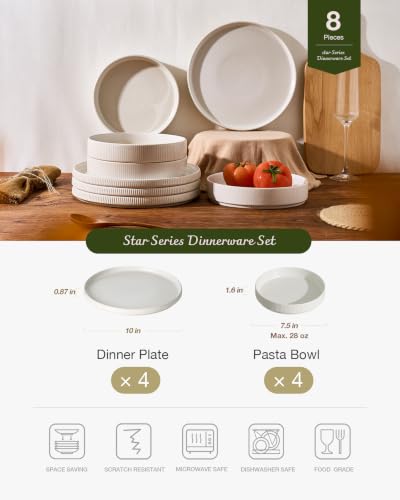 Image of Famiware Star 8-Piece Stoneware Dinnerware Sets for 4 - 23 oz Shallow Pasta Bowls and 10.5 inch Flat Dinner Plates, High Edge Dishes, Chip & Scratch Resistant, Microwave & Dishwasher Safe, Matte White