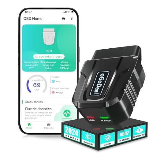 OBD2 Bluetooth 5.4 Diagnostic Auto Valise Voiture Français Outils Diagnostics Système Moteur OBDII sans Fil Tous Les Systèmes Lecteur de Codes de Voiture Test du Véhicule pour iOS & Android