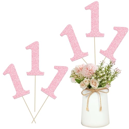 Pink 1st Birthday Centerpieces for Tables 12-Pack Glitter Number 1 Table Topper...