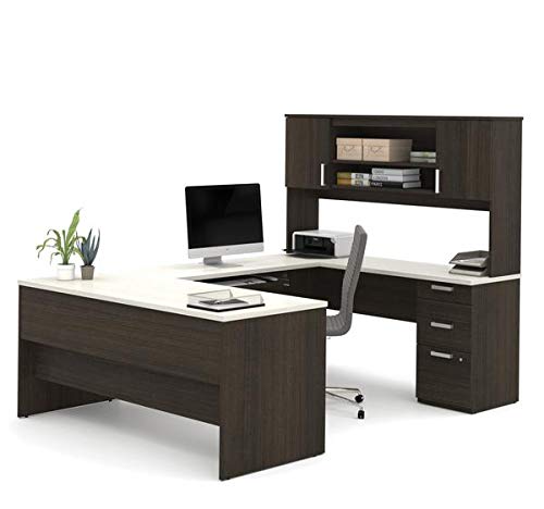Premium Dark Chocolate And White U-Shaped Desk And Hutch #TOP5