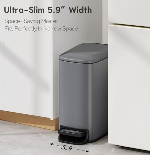 Image of TIPGO Small Bathroom Trash Can with Lid, 1.6 Gal, Soft Close, Grey | Foot Pedal, Soft Quiet Lid, 5.9'' Slim for Narrow Space, Stainless Steel, Anti-fingerprint, Removable Inner Bucket, Odor Seal
