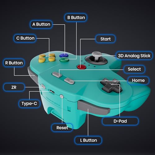 Image of SAFFUN 2 Pack Wireless N64 Controller Made for Switch 1 & 2, N64 Console, Wireless 2.4 GHz Receivers Compatible with Switch Online, Windows PC, macOS (Built-in Vibration) (Rechargeable) Lemon /Cyan