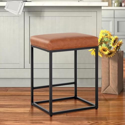 A M Export Upholstered Counter Height Bar Stools: Stylish Seating for Kitchen Islands, Faux Leather Cushion, and Sturdy Metal Frame - Modern and Functional Barstools (24 inch, Tan Brown)