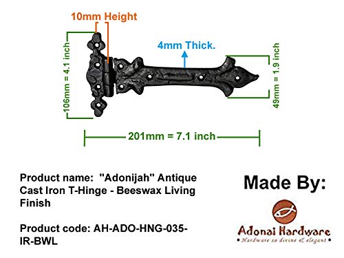 Image of Adonai Hardware Adonijah Antique Cast Iron Strap T Hinge (7.9 inch x 2 Pack, Beeswax Living Finish) for Barn Doors, Gates, Kitchen Cabinets, Sheds, Wooden Box, Furniture, Cedar Chest and Trunks