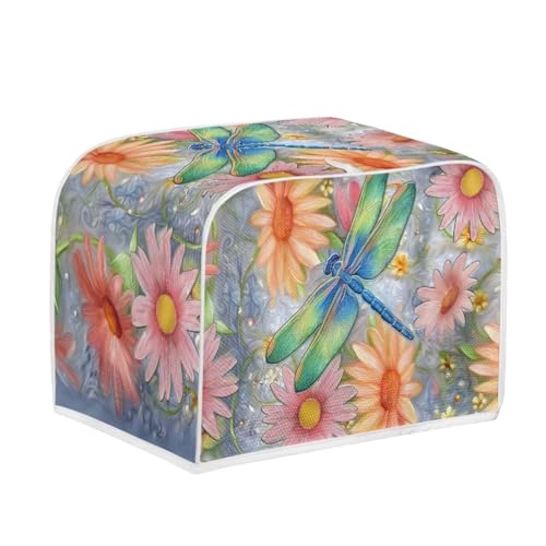 Image of Talayituse Dragonfly Daisy Flower Print Toaster Cover 2 Slice Wide Slot, Lightweight Bread Maker Cover Dust Protection Washable Appliance Bag, S