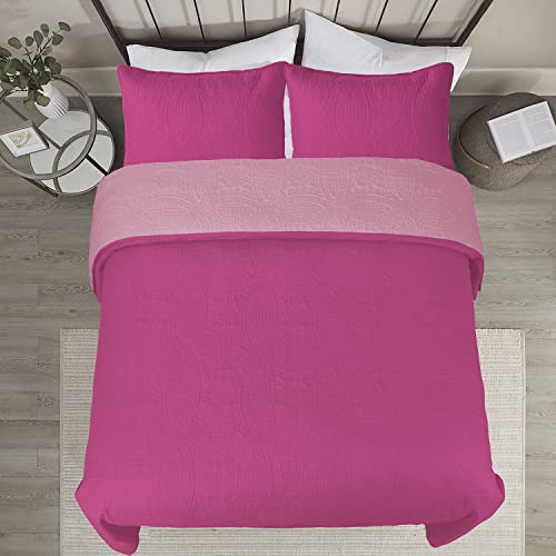 Bedream 3 Pieces Reversible Oversized Bedspread Set Queen, Hot Pink Light Weight Ultrasonic Embossed Quilt Set With Coin Medallion Pattern, Modern All Season Solid Coverlet For Bedroom, Microfiber #TOP2