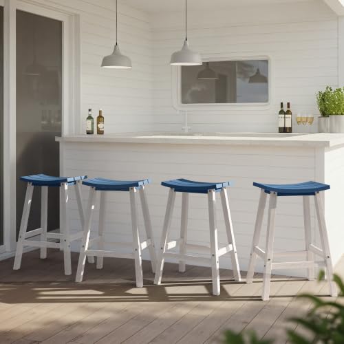 Image of Ciokea 2 Set 29 inch Outdoor Bar Stools, Heavy Duty HDPE Outdoor Stools Weatherproof Waterproof Patio Seats Modern Bar Height Tall BarStools for Bar Deck Balcony Yard, White and Navy Blue