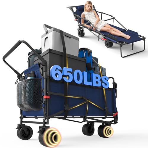 LEVELEVE Heavy Duty Folding Wagon - 2-in-1 Collapsible Cart, 650lb Capacity, All-Terrain Wheels w/Brakes & Side Pockets (Blue)