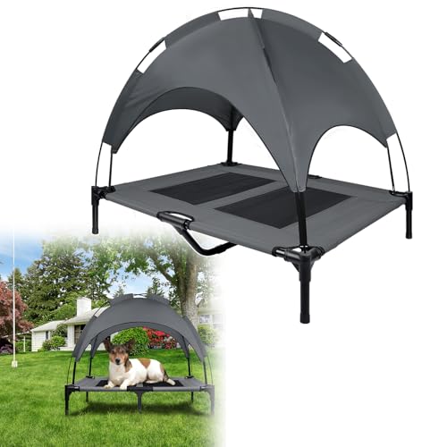 UISEBER Hundebett Erhöhtes Haustierbett 92 x 76 x 92 cm Hundeliege Outdoor mit Überdach für große Hunde bis 50 kg Wasserdicht Hundebetten für Innen und Außen Grau +Schwarz【L】