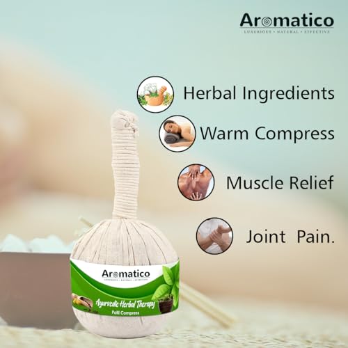 Image of AROMATICO Ayurvedic Herbal Potli with 17 ancient herbs. Helps with Pain Relief, Post-Workout Recovery & Muscle Relaxation. For Men & Women. 200gm Pack of 2