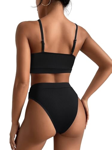 Image of Lilosy High Waisted Tummy Control Ribbed Bikini Crop Top Brazilian Swimsuit Set 2 Piece