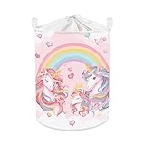 Clastyle 45L Large Pink Unicorn Rainbow Kid Laundry Hamper for Girl Collapsible Heart Butterfly Clothes Toy Nursery Storage Basket with Lid
