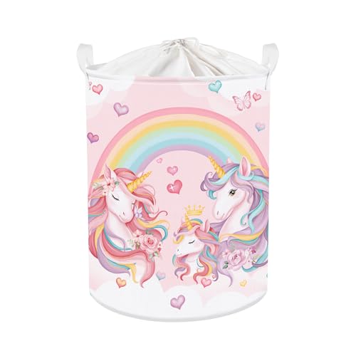 Clastyle 45L Large Pink Unicorn Rainbow Kid Laundry Hamper for Girl Collapsible Heart Butterfly Clothes Toy Nursery Storage Basket with Lid