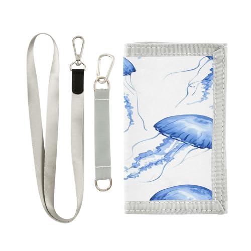 BOESI Watercolor Blue Jellyfish Velcro Wallet, Canvas Wallet, Tri-fold Wallet, Unisex