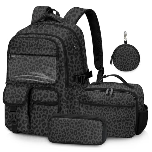 Fihevur Leopard Backpack Set for Girls Boys School Backpack with Lunch Box and Pencil Case Coin Purse School Bookbag for Kids Kindergarten Elementary