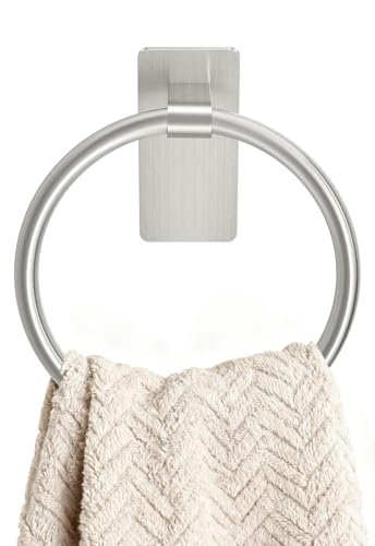 Image of STWWO Brushed Nickel Towel Ring, Hand Towel Holder for Bathroom, Self Adhesive Hand Towel Rings for Bath, Kitchen, RV, No Drill Hole