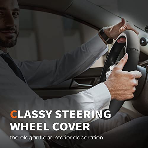 HOTOR Car Steering Wheel Cover - Universal Car Accessory for Diverse Cars, Durable Leather Steering Wheel Cover with Anti-Slip Lining, for Steering Wheel with a Diameter of 15.5", Black