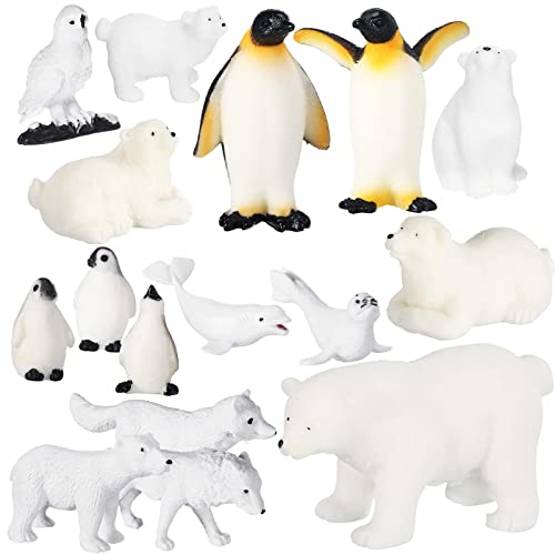 16 Pcs Polar Animals Figurines Antarctic Animals Set Plastic Arctic Animals Toys with White Bear Penguin Figurines White Whale Seal Wolf Cat Figures for over 6 Aged Kid Adult Party Favor (Vivid Style)