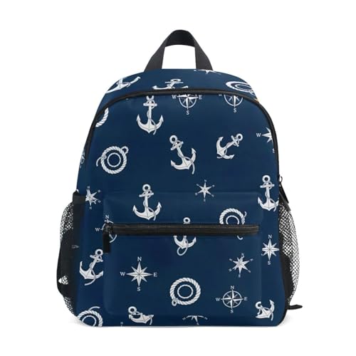 Toddler Backpack for Girls Boys, White Anchors Navy Blue Kids Backpacks with Name Tag Mini, 3-8 Years