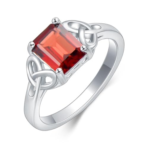 Celtic Knot Ring for Women 925 Sterling Silver Emerald Cut Red Garnet Engagement Promise Ring for Her Ladies