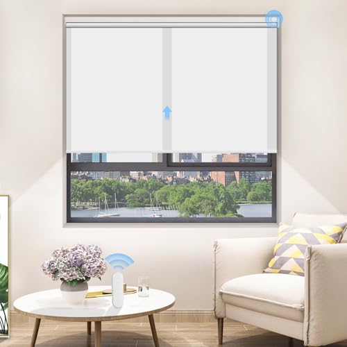 Grandekor Motorized Blinds with Remote Control, Liter-Filtering Roller Shade Electric Shades Cordless Smart Blinds for Bedroom Living Room Office,White(Light-Filtering),W34xH72