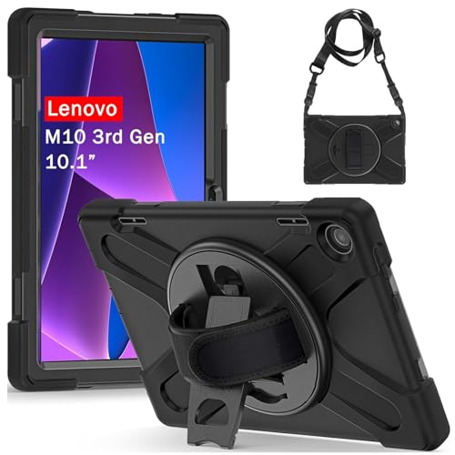 Image of Junfire Rugged Case for Lenovo Tab M10 3rd Generation 10.1 inch 2022, Rugged Case with Rotating Kickstand, Hand Strap and Shoulder Strap for Model TB-328FU /TB-328XU - Black
