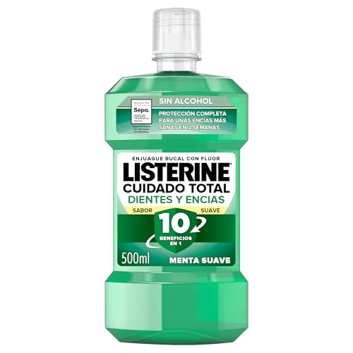 Listerine Protección Dientes y Encías Sabor Suave (1x500 ml), enjuague bucal 0% alcohol, colutorio encías y dientes con 10 beneficios en 1, enjuague bucal sin alcohol