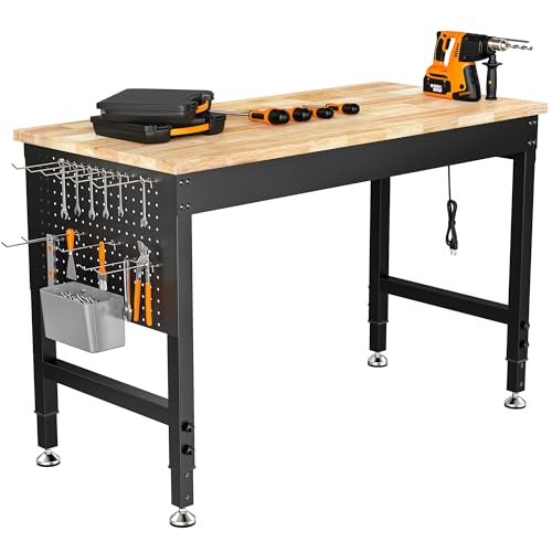 Image of CAMMOO 48 inch Adjustable Heavy Duty Workbench, 2000 LBS Load Capacity Rubber Wood Work Table with Pegboard, Power Outlets, Work Bench for Garage, Workshop, Office, Home, Commercial