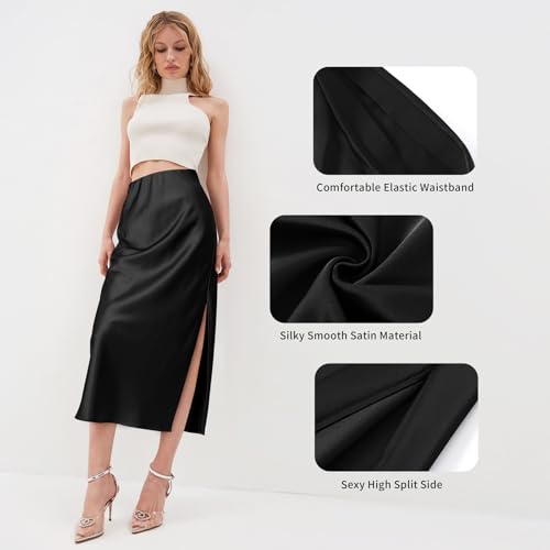 BOMAROLAN Women's Satin Midi Skirt High Waist Solid Silky Skirts for Women Elasticized Waistband A-Line Slit Midi Skirts4