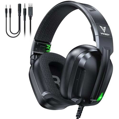 Image of Vakedy Wired Gaming Headset for Xbox,PS5,PS4,PC,Switch, RGB 50mm Drivers | Foldable lightweight frame, plush memory foam cushions, clear chat, quick mute /volume wheel and USB-powered RGB glow