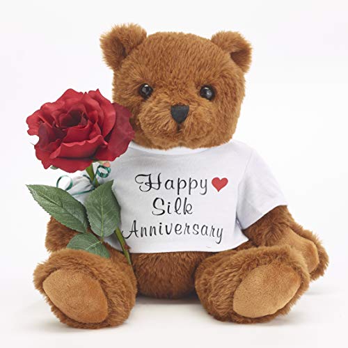JustPaperRoses Happy 12th Wedding Anniversary Teddy Bear with Silk Rose Gift