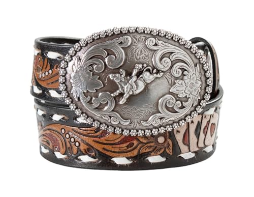 Nocona Belt Co. Boy's Hand Tooled Ace Cards and Floral Leather Belt, Black, 20