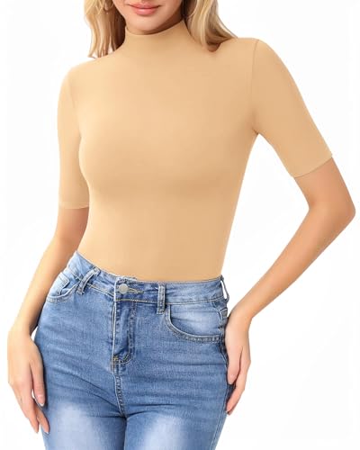 Image of MANGOPOP Women's Mock Turtle Neck Slim Fit 3 /4 Sleeve T-Shirt